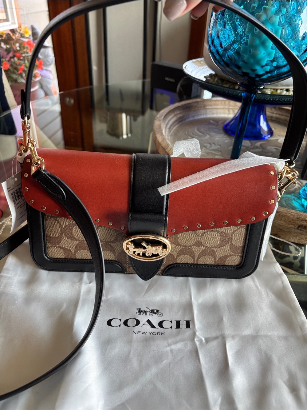 Coach Signature Shoulder Bag with Terracotta and Black Leather Accents - Picture 1 of 12